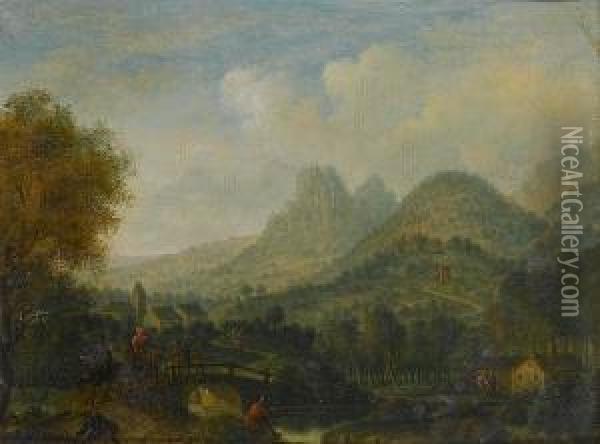 A Mountainous River Landscape With A Horsemen Crossing A Bridge; And A Mountainous Landscape With A Watermill In The Foreground Oil Painting - Cornelis Verdonck