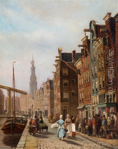 Amsterdamse Gracht Met Vele Figuren Oil Painting - Oene Romkes De Jongh