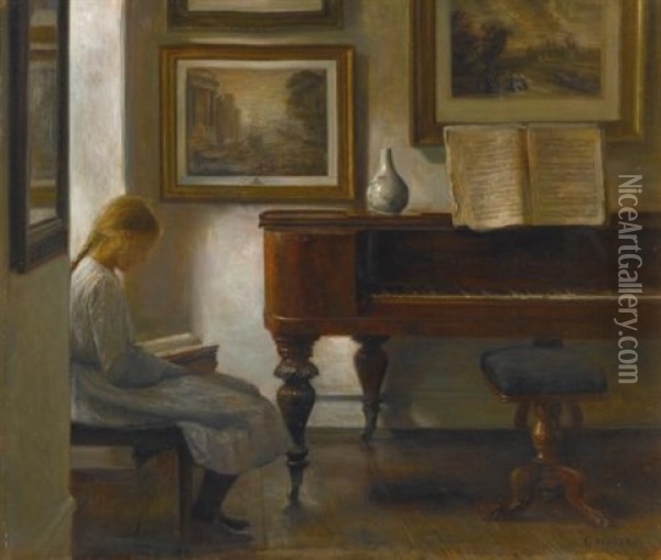 Girl In An Interior Oil Painting - Carl Vilhelm Holsoe