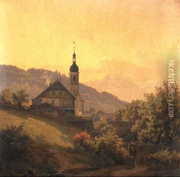 Bergdorf Mit Kirchturm In Ged,mpfter Herbstsonne Oil Painting - Eduard Schleich the Elder