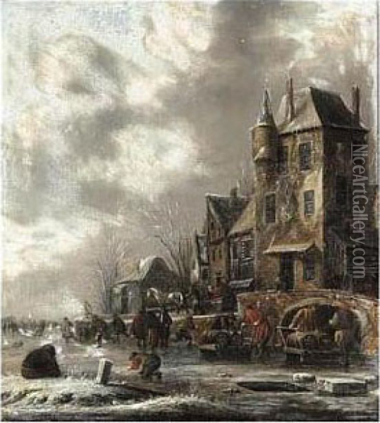 A Winter Scene With Figures Skating On A Frozen River Before Houses Oil Painting - Thomas Heeremans