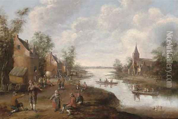 An extensive river landscape with peasants in a village, a church beyond Oil Painting - Joost Corenlisz. Droogsloot