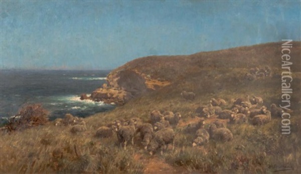 Sheep On The Southern Victorian Coastline Oil Painting - Jan Hendrik Scheltema