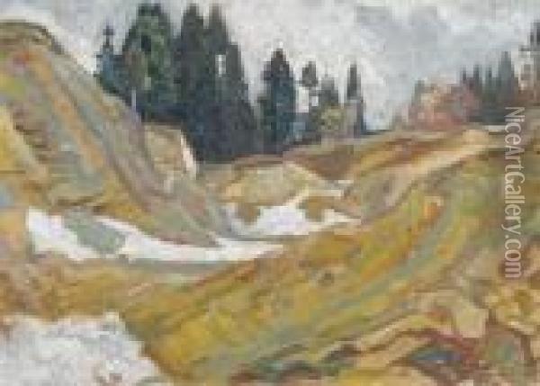 Landschaftspartie Im Vorfruhling Mit Tannen. Oil Painting - Charles L'Eplattenier