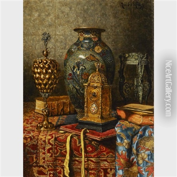 Still Life With Cloisonne Vase, Clock And Pokal; Still Life With Satsuma And Cloisonne Vases (2 Works) Oil Painting - Max Schoedl