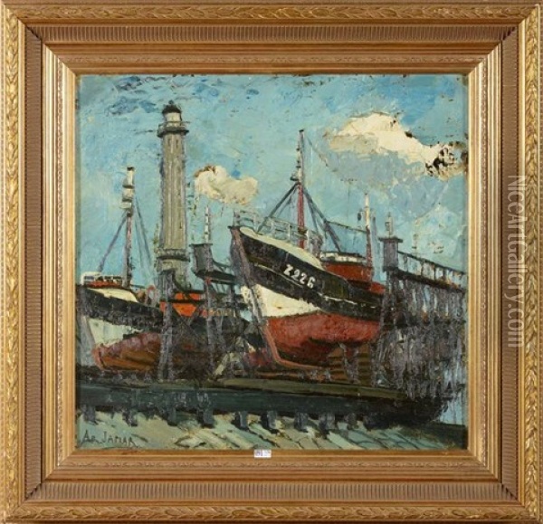 Chantier Naval Au Port De Zeebruges Oil Painting - Armand Gustave Gerard Jamar