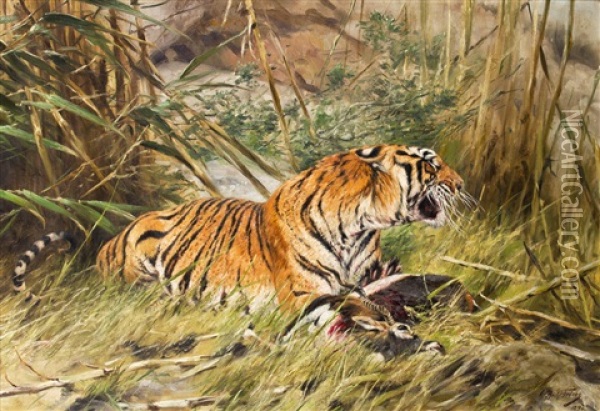 Tiger Mit Antilope Oil Painting - Richard Bernhardt Louis Friese