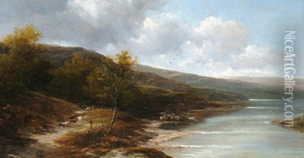 Herding The Cattle In An Extensive Lakeside Scene Oil Painting - Adam Barland