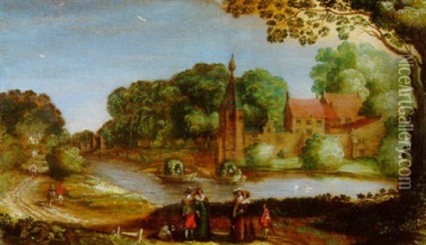 Flusslandschaft Mit Vornehmer Gesellschaft Oil Painting - Hendrik van der Borcht the Elder