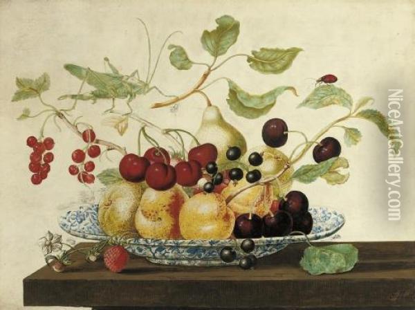 Still Life With A Grasshoper And A Ladybug Perched On Branches Arranged In A Delft Bowl With Cherries, Pears, Peaches, Blackcurrants, Redcurrants And Strawberries Oil Painting - Johanna Helena Herolt Graff