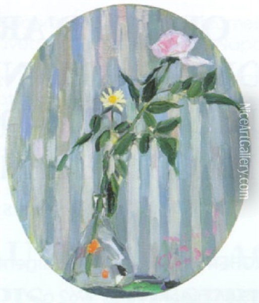 Vase De Fleurs Sur Fond De Tissu Raye Oil Painting - Jacqueline Marval