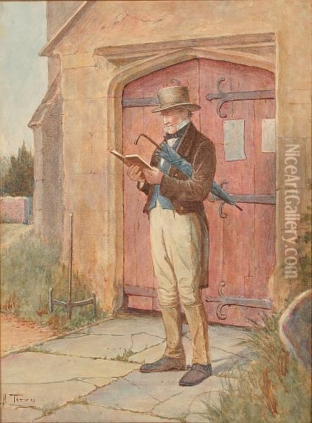 Elderly Gentleman Stood Before A
 Church, Holding Book And Umberella, And Another: Elderly Clergyman Oil Painting - Henry M. Terry