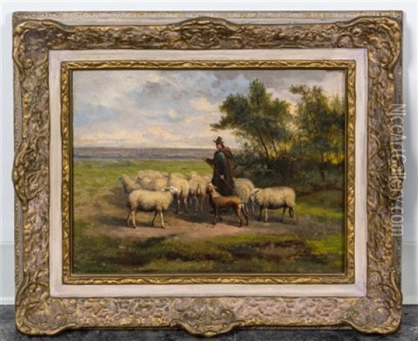 Shepherd With Sheep Oil Painting - Jean-Baptiste Leopold van Leemputten