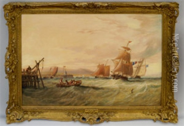 French Vessels Shipping Off A Jetty Oil Painting - John Wilson Carmichael
