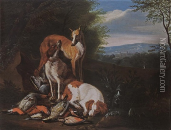 A Hunting Still Life With Partridges, A Woodpecker And Other Birds, Together With Dogs, In A Wooded Landscape Oil Painting - Adriaen de Gryef