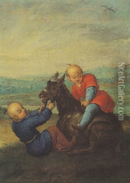 Zwei Asiatische Jungen Mit Ziege Spielend Oil Painting - Jean-Baptiste Leprince