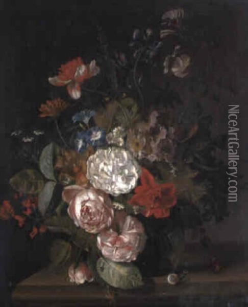 Roses, Primulas...in A Glass Vase On A Ledge Oil Painting - Jan Van Huysum