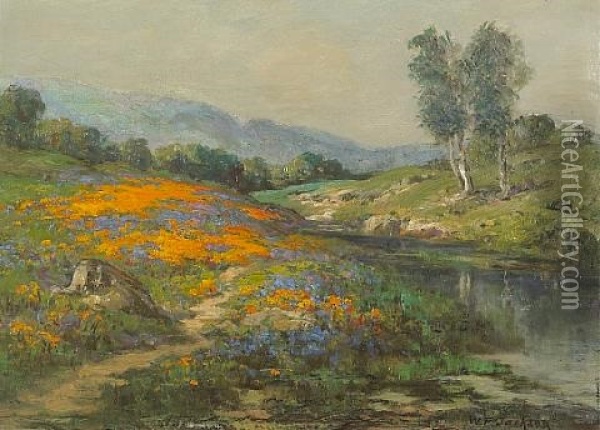 Poppies And Lupine By A River Oil Painting - William Franklin Jackson