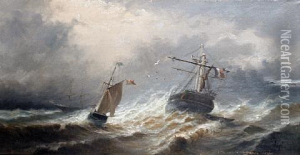French Ships In A Swell Oil Painting - Paul Ange Nocquet