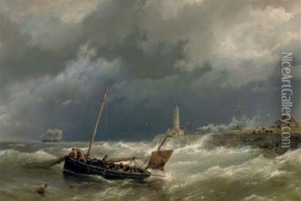 Gathering The Nets On A Stormy Sea Oil Painting - Hermanus Koekkoek the Elder