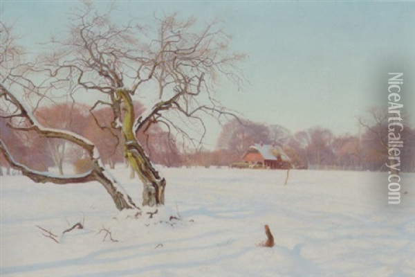 Ved Et Foderhus I Dyrehaven Vinter Oil Painting - Charles Alfred Emanuel Henrichsen Bremsen