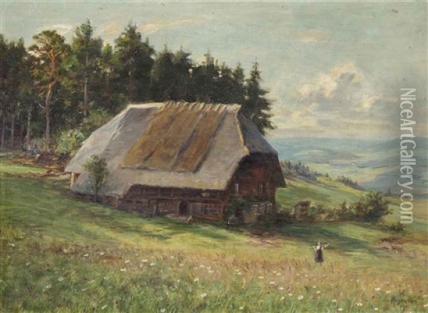 A Farm In An Alpine Landscape Oil Painting - Wilhelm Gustav Friedrich Hasemann