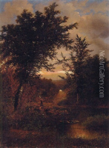 River Landscape Oil Painting - George F. Fuller