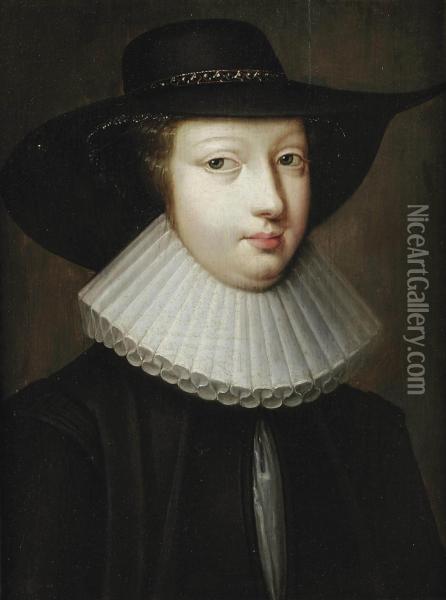Portrait Of A Boy, Bust-lenght, In A Black Coat With A White Collarand A Black Hat Oil Painting - Charles Beaubrun