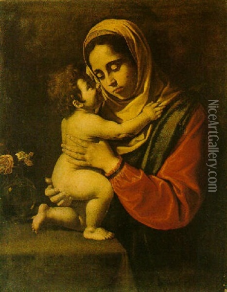 Madonna And Child With A Still Life Of Flowers In A Vase Oil Painting - Antiveduto Grammatica