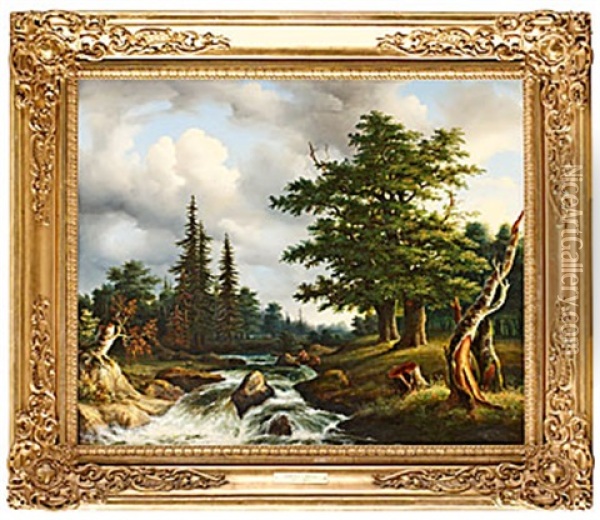 Skogslandskap Med Vattendrag Oil Painting - Marcus Larsson