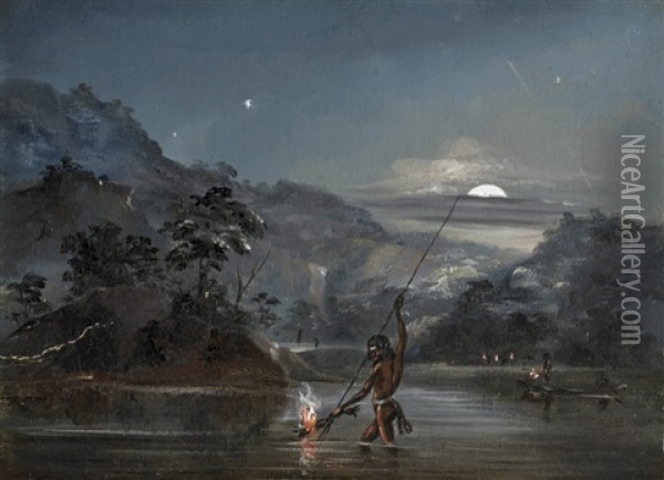 Aborigines Fishing By Torchlight Oil Painting - Thomas Tyrwitt Balcombe