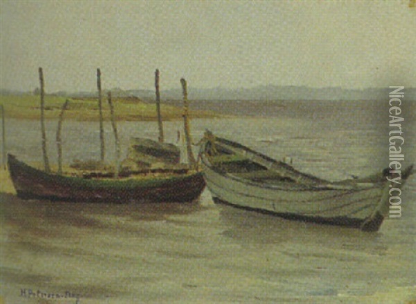 Boote An Den Festmacherstangen, Flensburger Forde Oil Painting - Heinrich Petersen-Flensburg