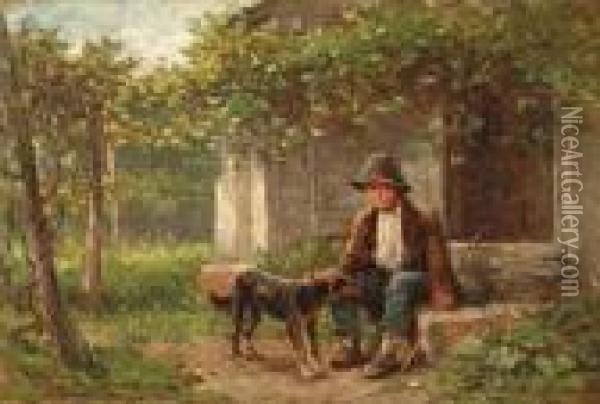 Young Boy With Dog
Signed 'hugh Newell' (lower Left) Oil Painting - Hugh Newell