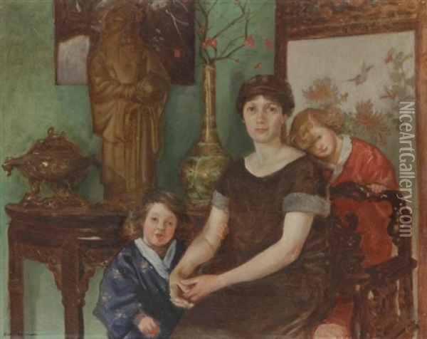 La Femme De L'artiste Avec Ses Deux Filles Dans Le Salon Japonais Oil Painting - Henri Girault De Nolhac