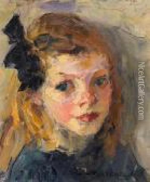A Portrait Of A Girl With A Black Bow, Thought To Be The Artist's Daughter Oil Painting - Joseph Morris Raphael