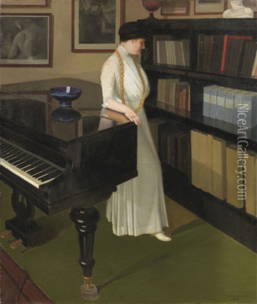 La Signora Ojetti Al Pianoforte Oil Painting - Oscar Ghiglia