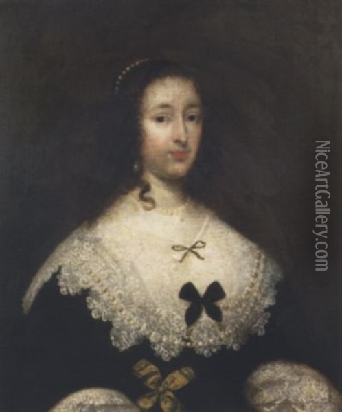 Portrait Of A Lady In A Black Dress With A White Lace Collar And Cuffw, With Yellow And Black Bows Oil Painting - Cornelis Jonson Van Ceulen
