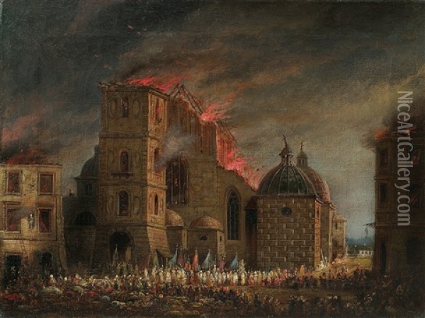 Fire - The Dominican Church In Krakow Oil Painting - Teodor Baltazar Stachowicz