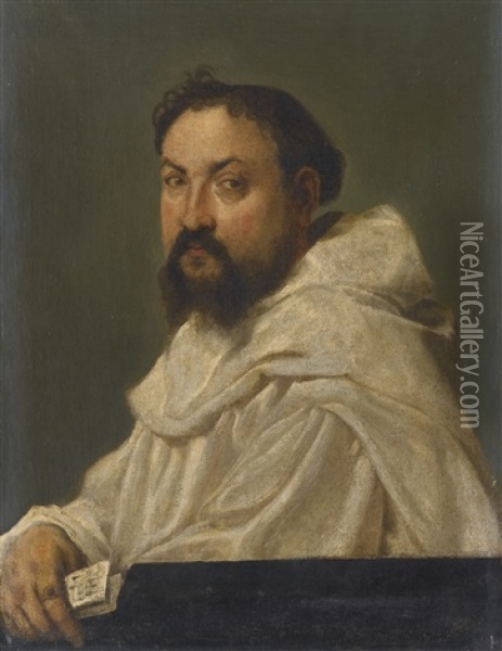 Portrait Of A Carthusian Monk, Bust Length Before A Ledge, A Sheet Of Music In His Right Hand Oil Painting - Giovanni Battista Moroni