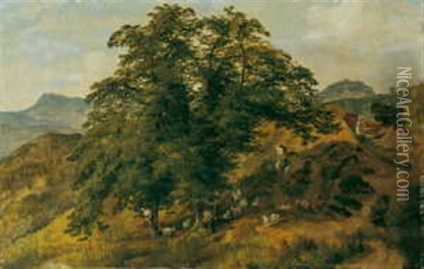 Blick Auf Das Hochgelegene Civitella Und Die Sabiner Berge. Im Vordergrund Hirtenstaffage Oil Painting - August Wilhelm Julius Ahlborn