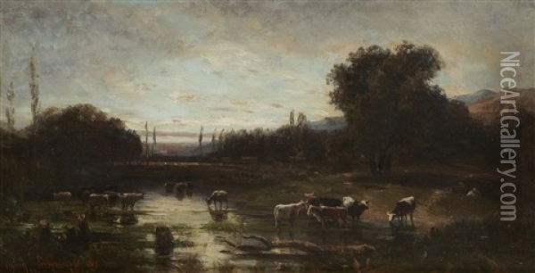 Paysage Aux Vaches Oil Painting - Henry Cleenewerck