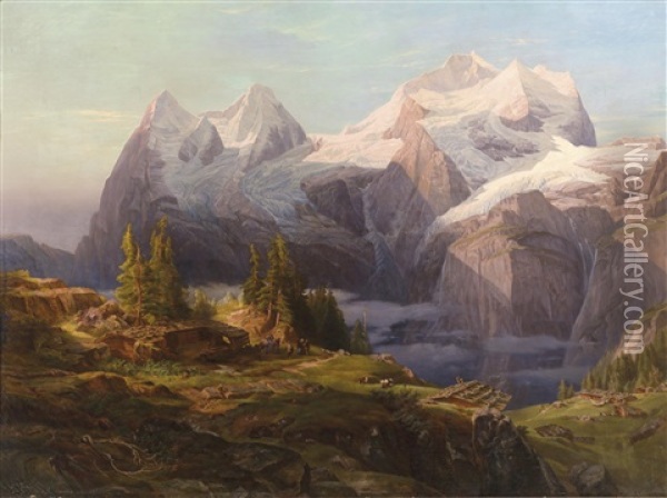 Blick In Das Berner Oberland Mit Monch, Eiger Und Jungfrau, Im Vordergrund Figurliche Staffage Oil Painting - Anton Hansch