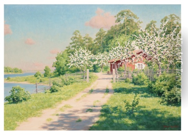 Blommande Landskap Med Hus Oil Painting - Johan Fredrik Krouthen