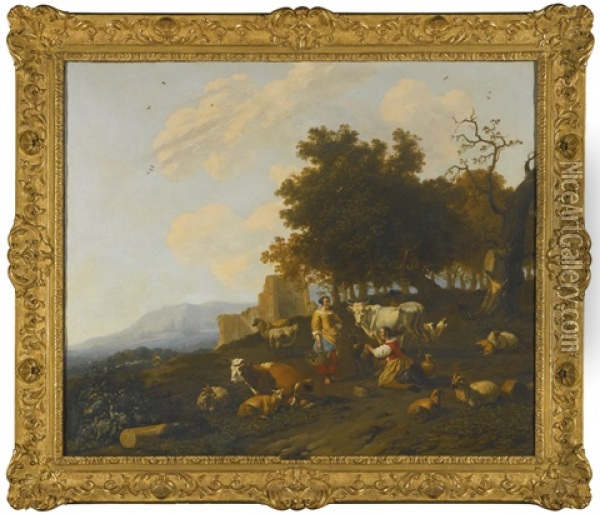 Milkmaids Milking Cattle In A Hilly Landscape With Ruins Beyond Oil Painting - Hendrick Mommers