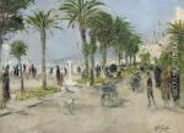 Les Palmiers Sur La Promenade Des Anglais A Nice Oil Painting - Pierre Eugene Montezin