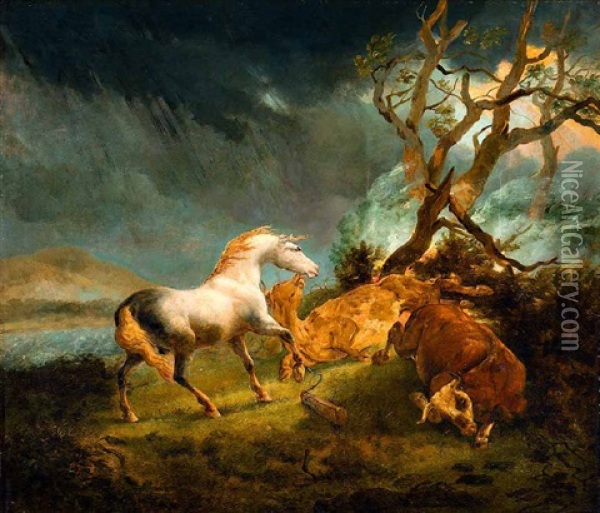 Pferd Und Zwei Rinder Im Gewittersturm Oil Painting - Johann Heinrich Menken