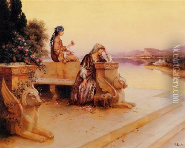 Elegant Arab Ladies On A Terrace At Sunset Oil Painting - Rudolf Ernst