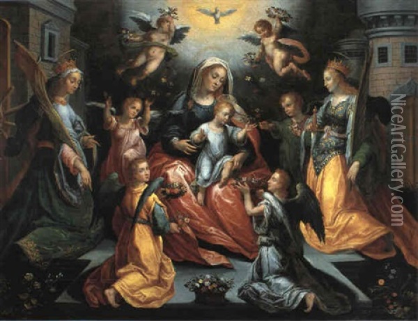 Jomfru Maria Og Barnet Or Givet Af Den Hellige Barbara Og   Den Hellige Catarina Oil Painting - Hans Rottenhammer the Elder