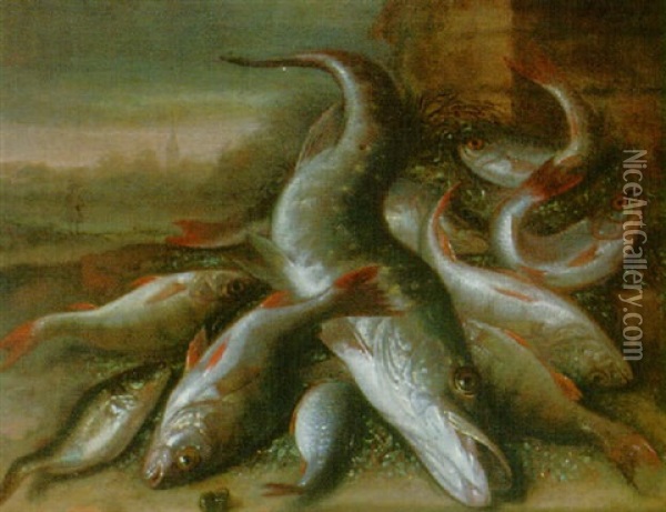 A Still Life Of Freshwater Fish In A Landscape Oil Painting - Jakob Gillig