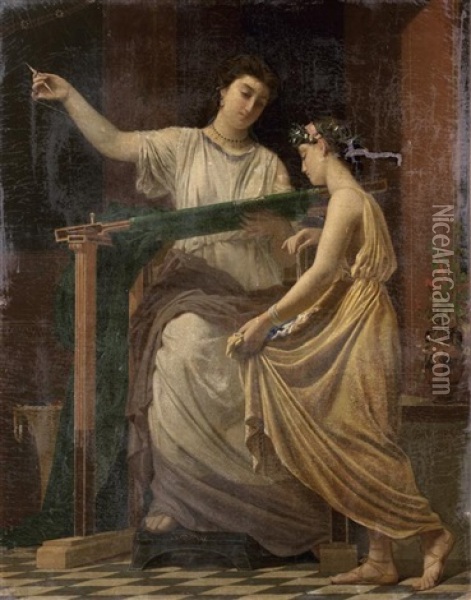 Une Fileuse Et Sa Fille Dans Un Interieur Grec Oil Painting - Auguste-Alexandre Hirsch